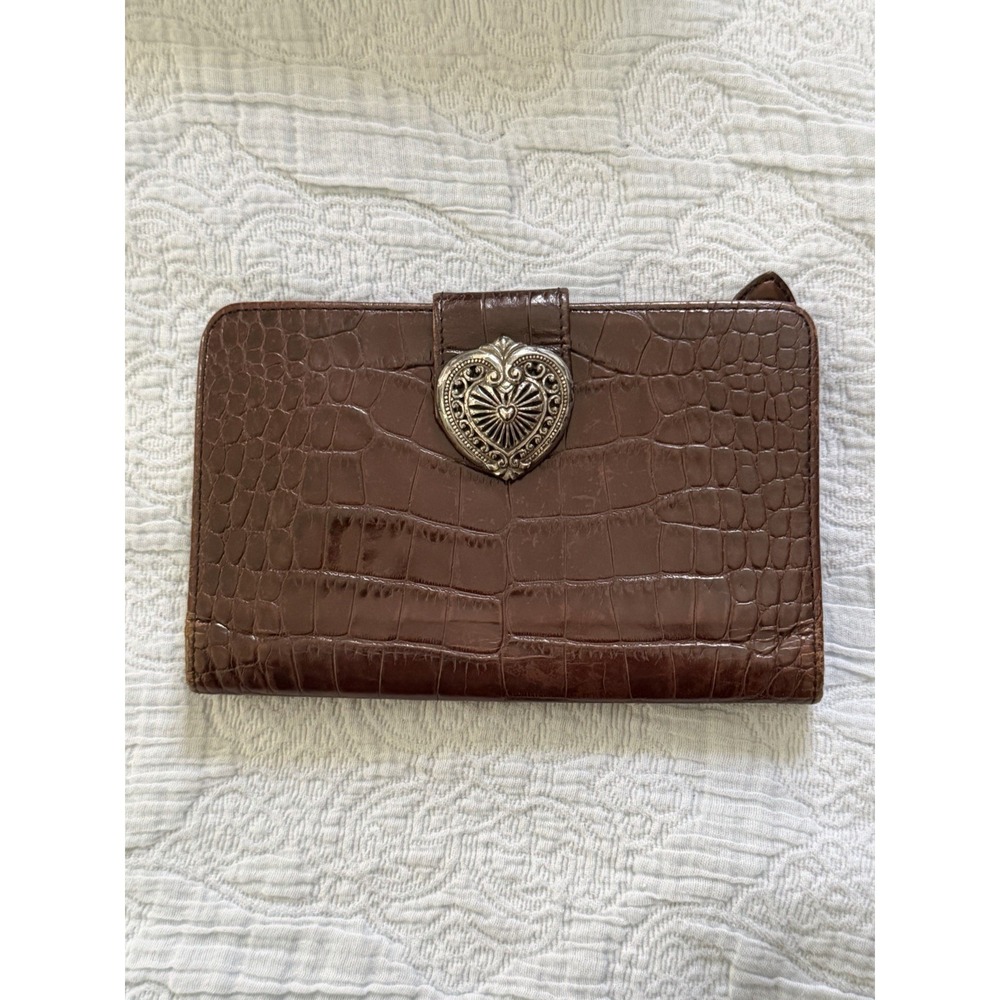 Brighton Brown Crocodile Leather Silver Heart Snap Bifold Wallet Bag Card